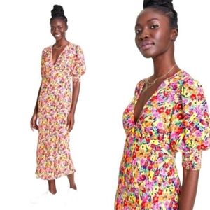 RIXO For Target Floral Print V-Neck Puff Sleeve Midi Dress Size 14-16